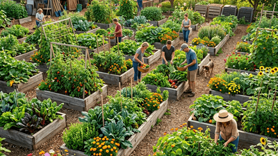 Thriving community garden with diverse vegetables and flowers