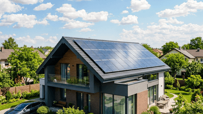 Solar panels on a residential roof under a clear blue sky