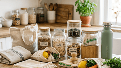 Reusable bags, jars, and containers arranged for zero-waste shopping